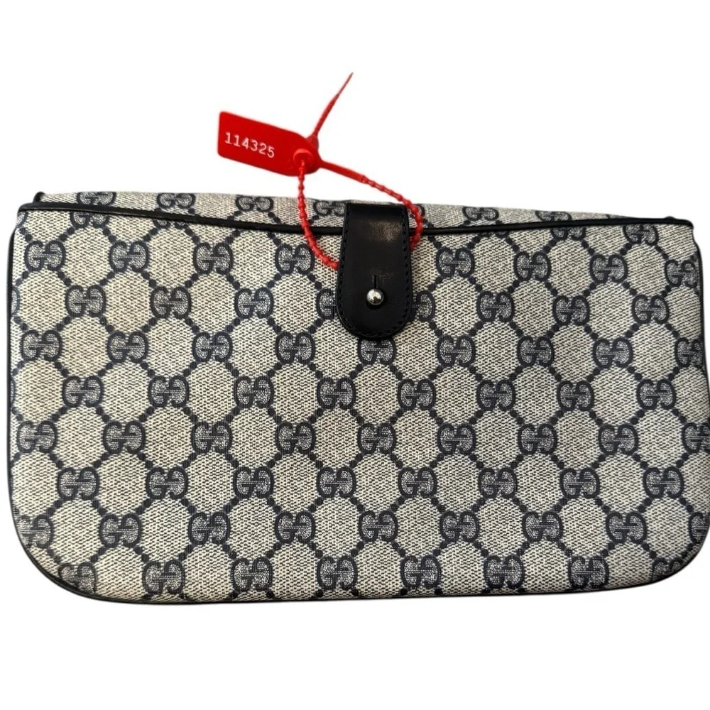 Vintage Gucci GG Monogram Shoulder Bag Navy Leather Trim | Unused 1970s